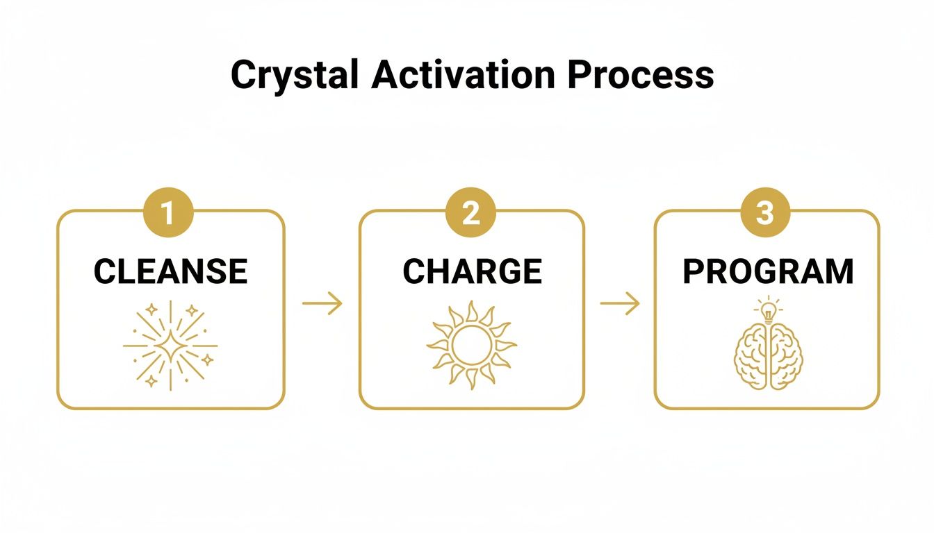 A graphic illustrating the 3-step crystal activation process: cleanse, charge, and program.