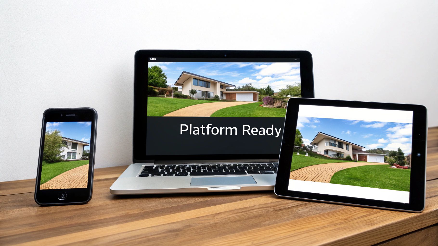 Digital devices (smartphone, laptop, tablet) on a wooden desk displaying a modern house and 'Platform Ready' text.