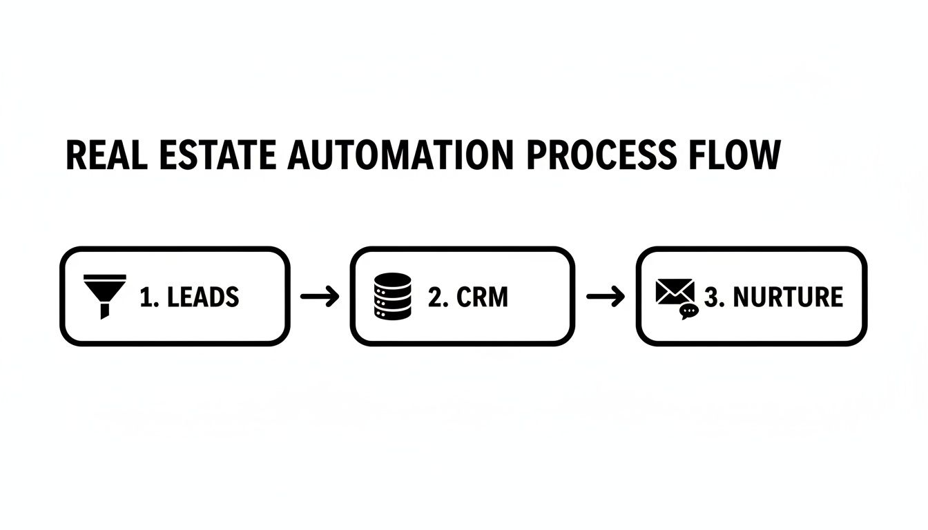 Real estate automation process flow diagram showing leads funneling into CRM and then nurture.