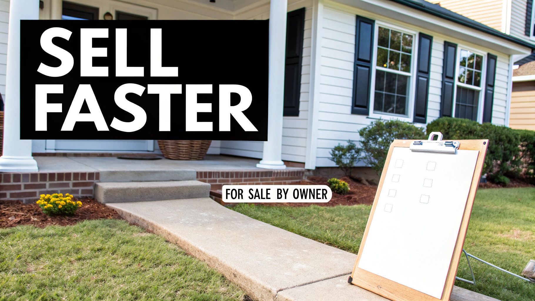 A home with a "SELL FASTER" sign and a "FOR SALE BY OWNER" sign, accompanied by a checklist.