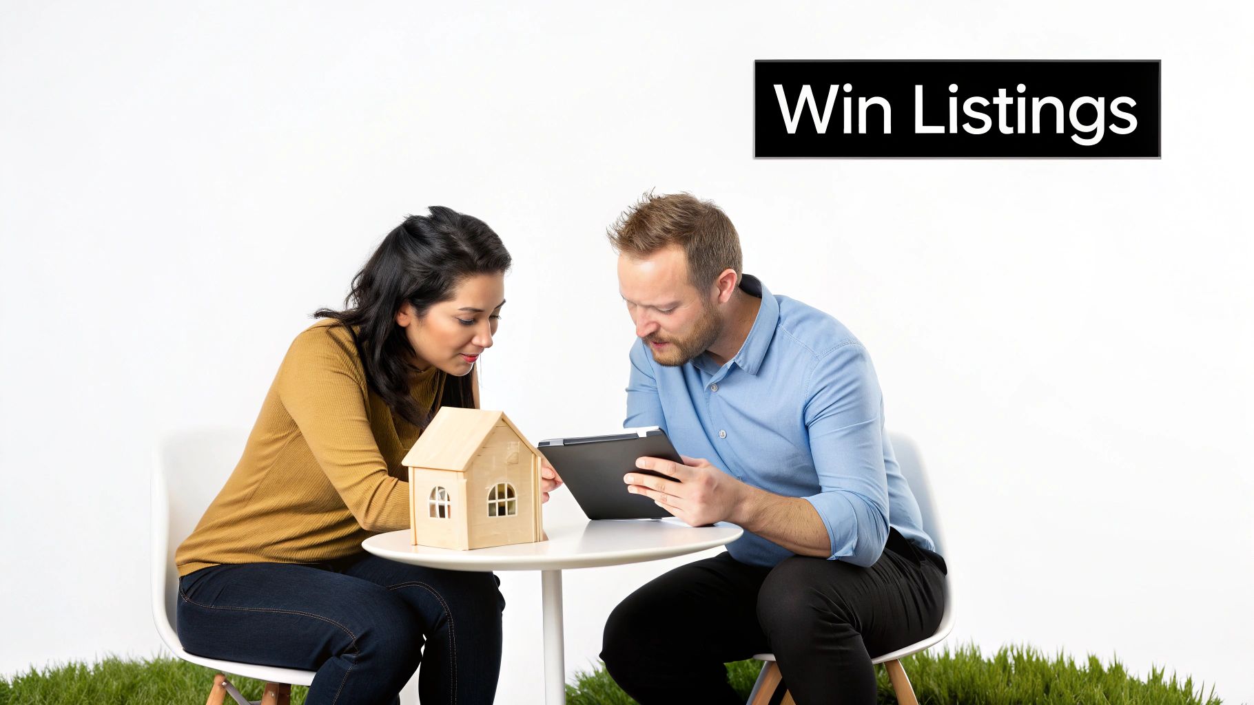 A man and woman review property listings on a tablet with a house model.
