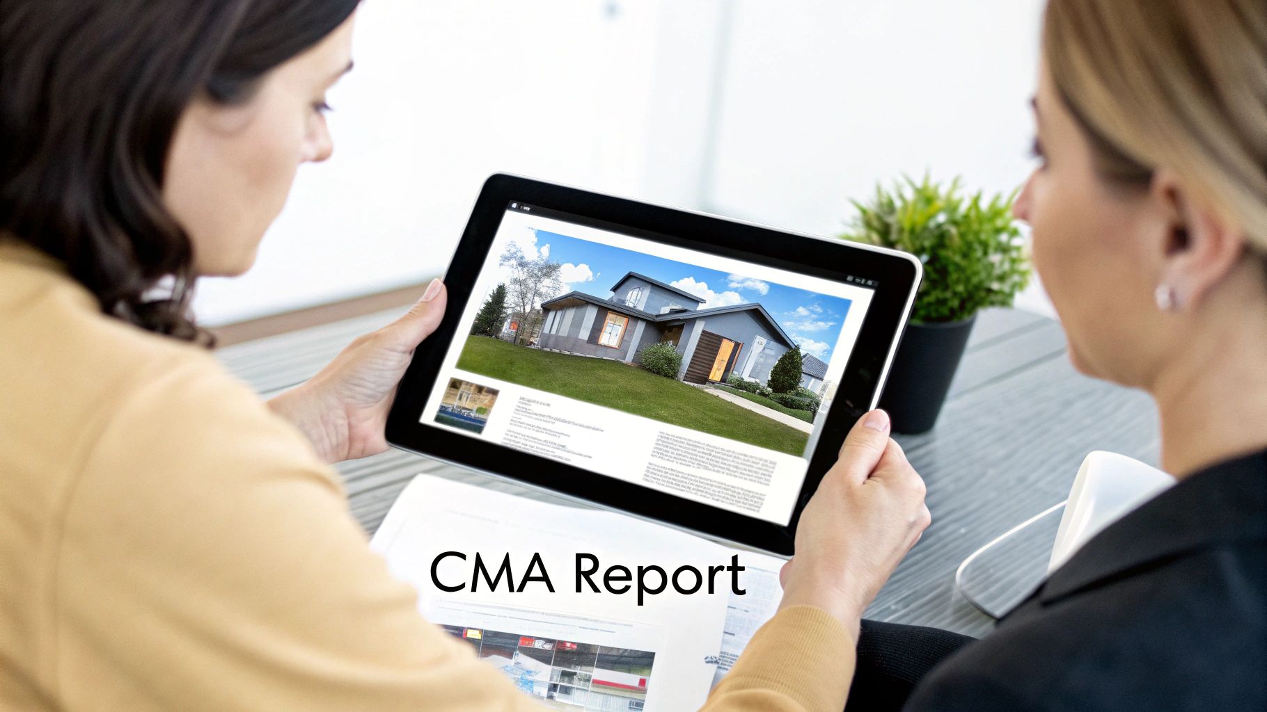 A real estate agent presenting a report to a client in a modern home, illustrating the final step of a CMA.