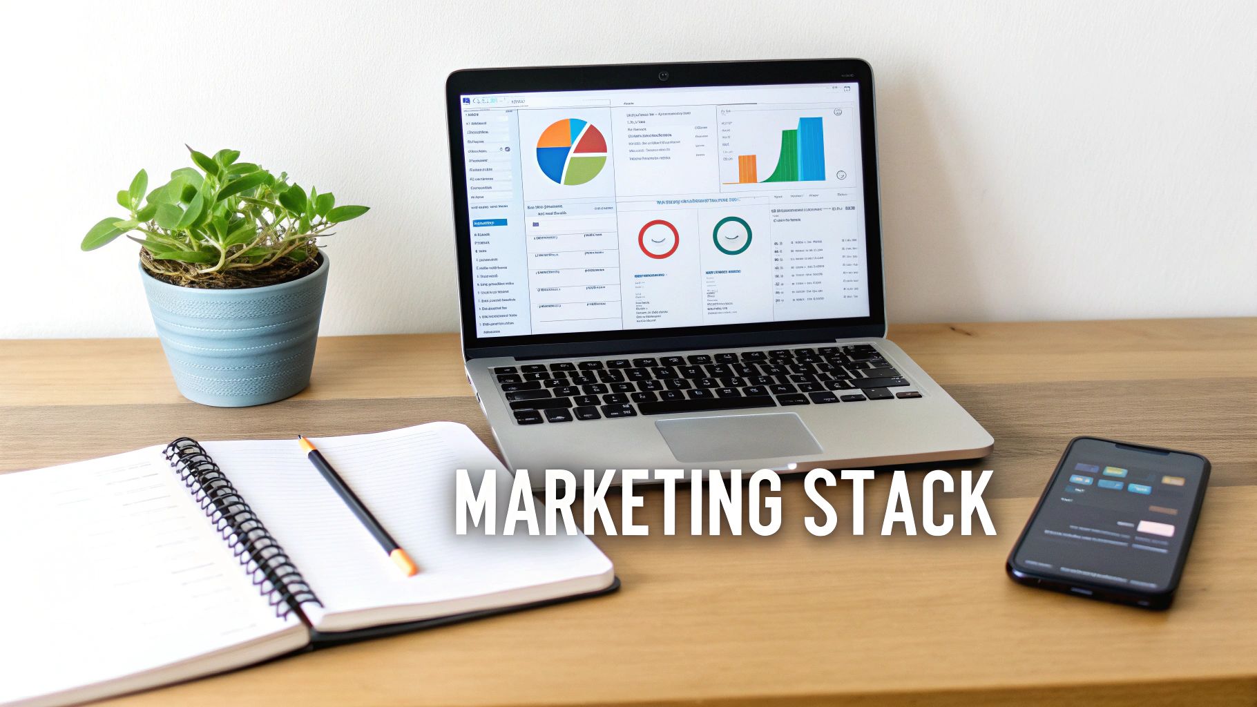 A marketing stack desk setup with a laptop displaying analytics, a plant, notebook, and smartphone.