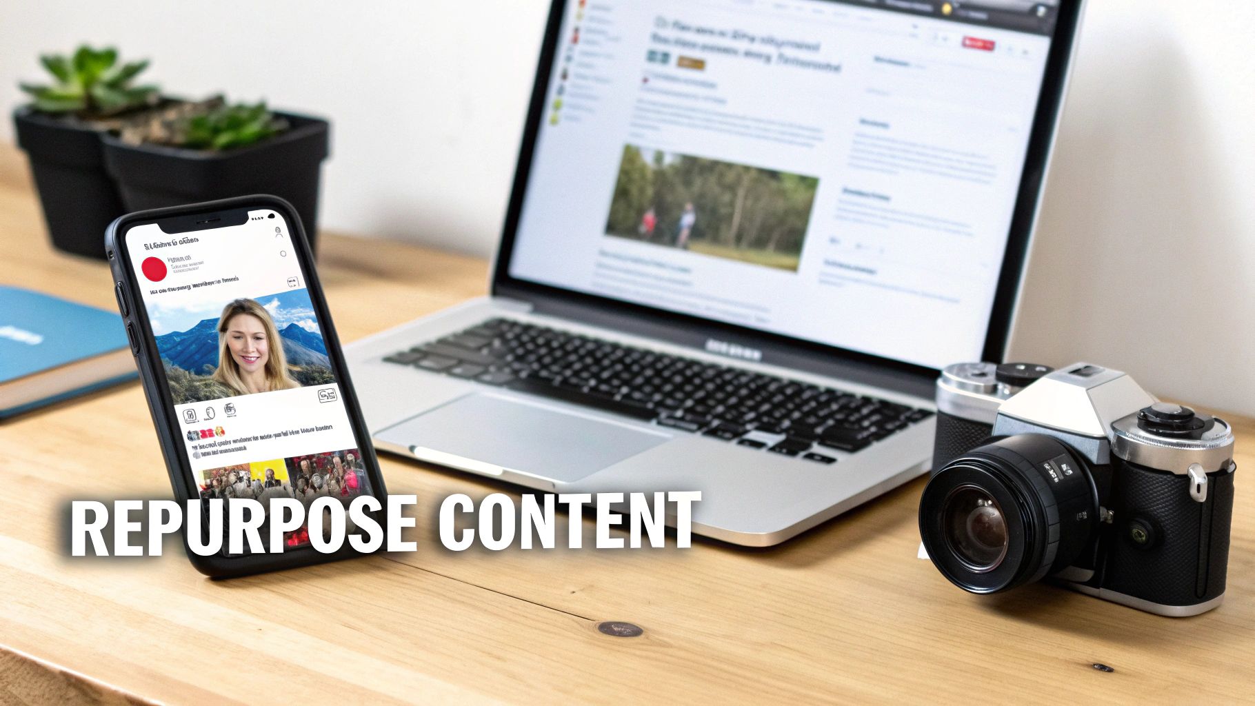 A smartphone, laptop, and camera on a wooden desk, emphasizing content repurposing for digital media.