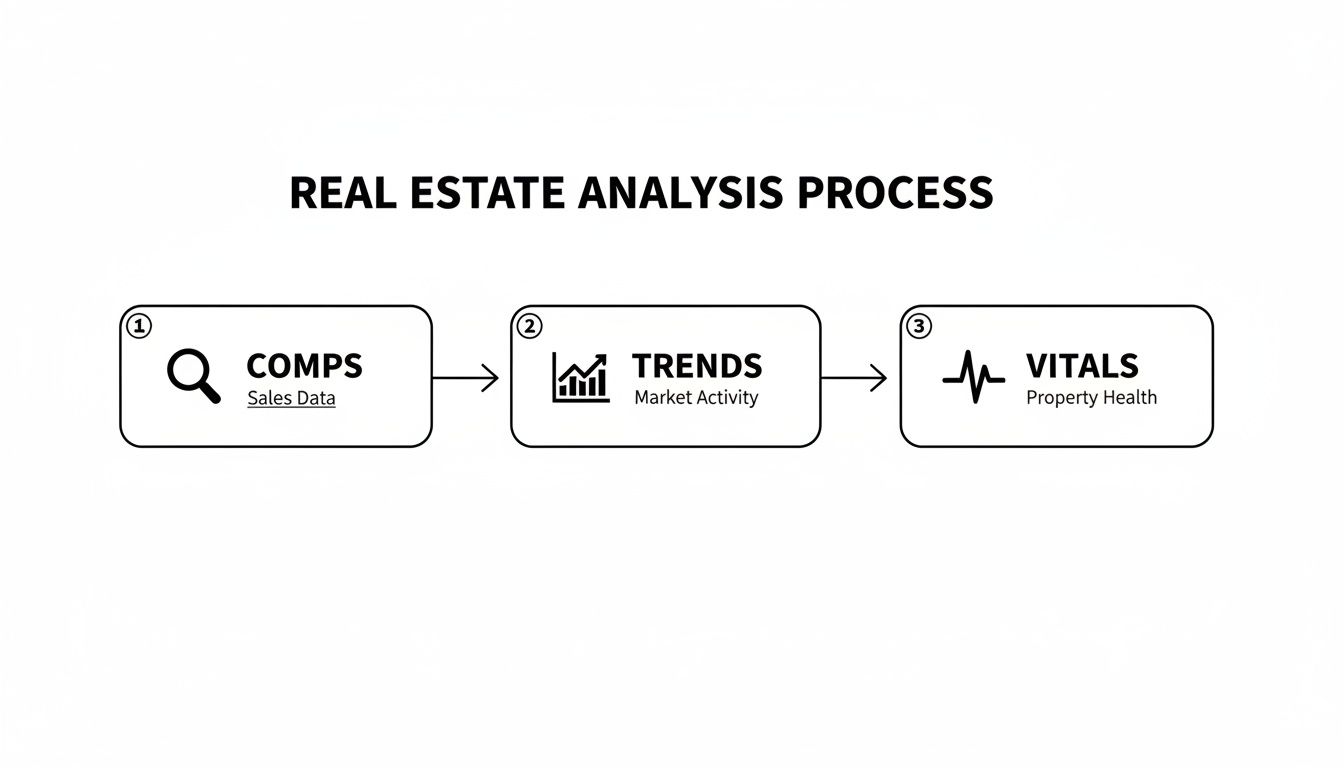 Flowchart illustrating the real estate analysis process with steps: Comps, Trends, and Vitals.