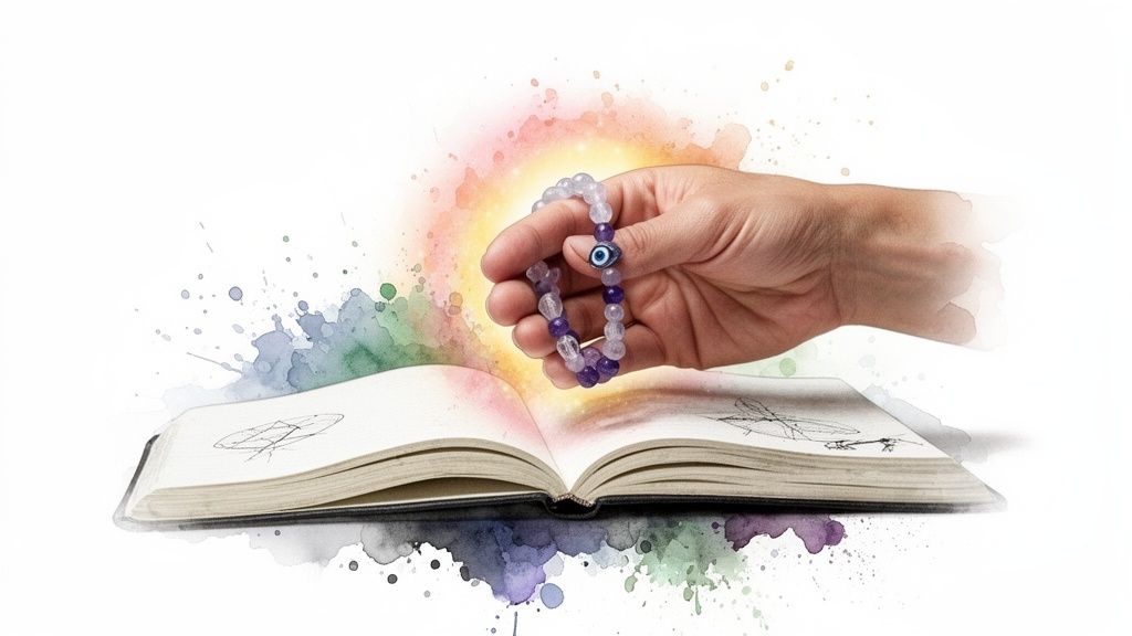 A hand holds a beaded bracelet with an evil eye charm over an open sketchbook with watercolor splashes.