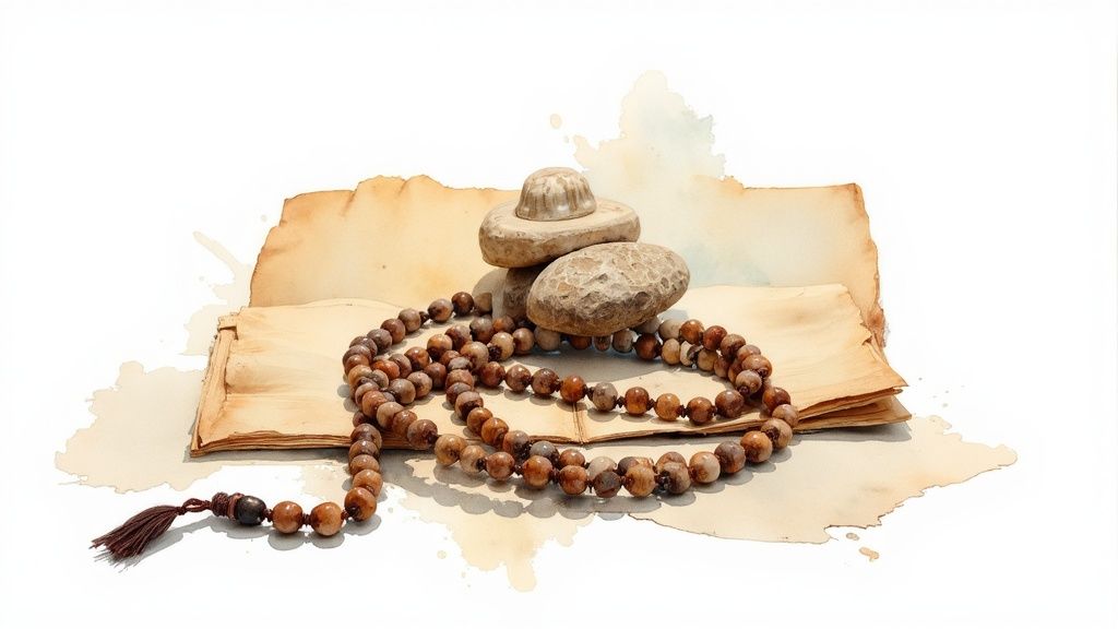 A watercolor painting depicts mala prayer beads, stacked spiritual stones, and old papers on a white background.