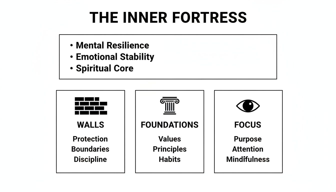 Diagram illustrating 'The Inner Fortress' with walls, foundations, and focus for mental, emotional, and spiritual strength.