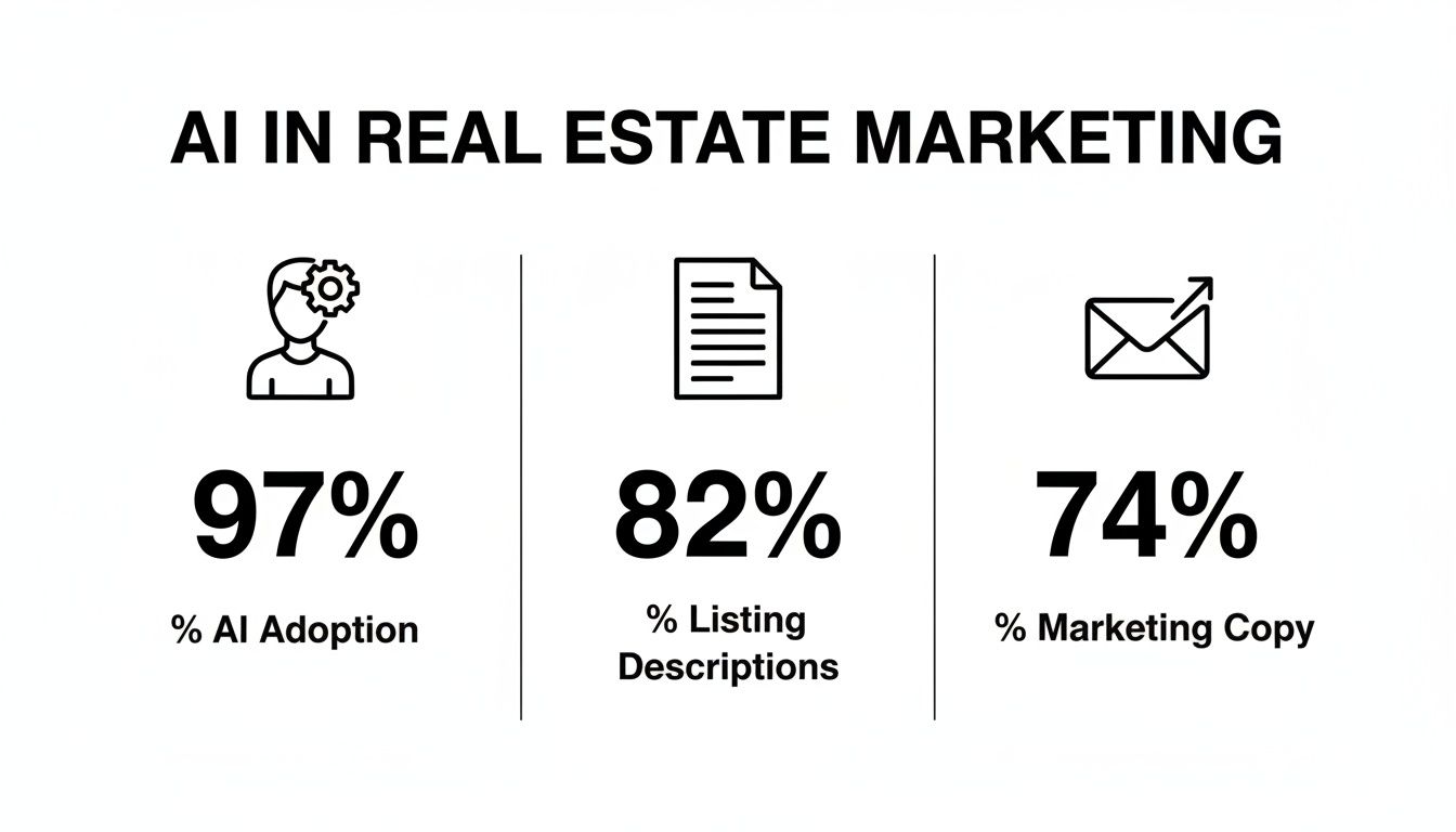 Infographic detailing AI adoption and usage in real estate marketing with percentages for AI adoption, listing descriptions, and marketing copy.