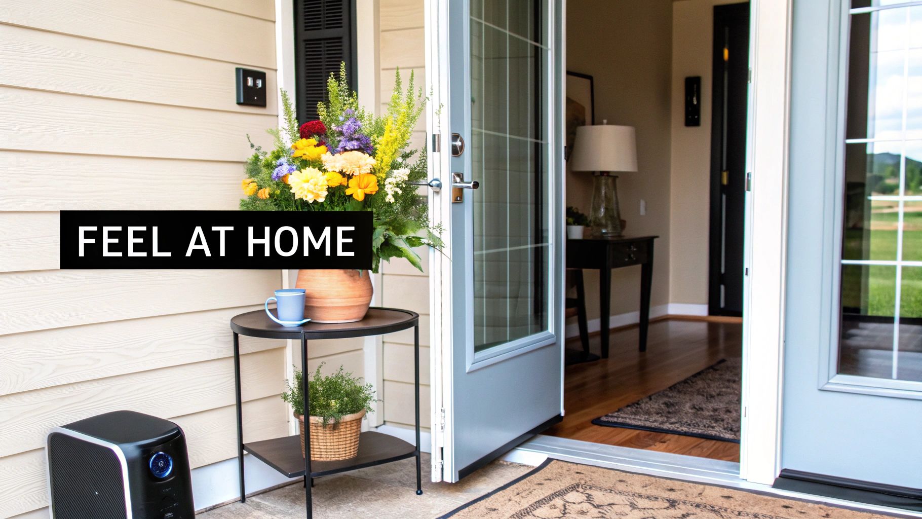 A welcoming front porch with an open door, colorful flowers, a small table, and an air purifier.