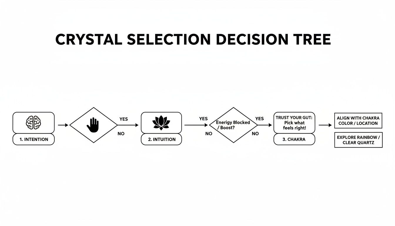 A crystal selection decision tree flowchart guides users through intention, intuition, energy, and chakra.