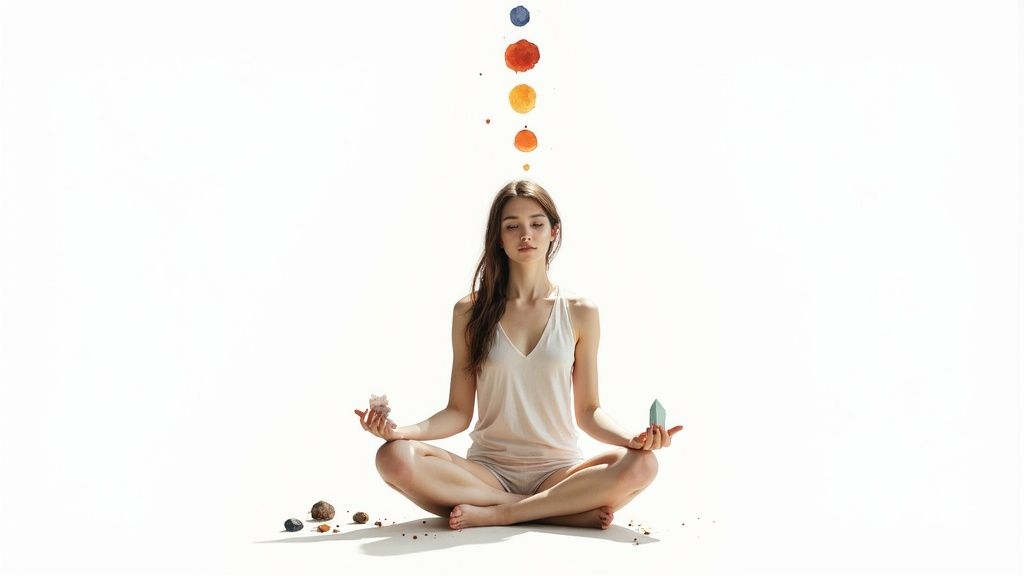 A serene woman meditates in lotus pose, holding crystals, with colorful chakra dots ascending above her head.