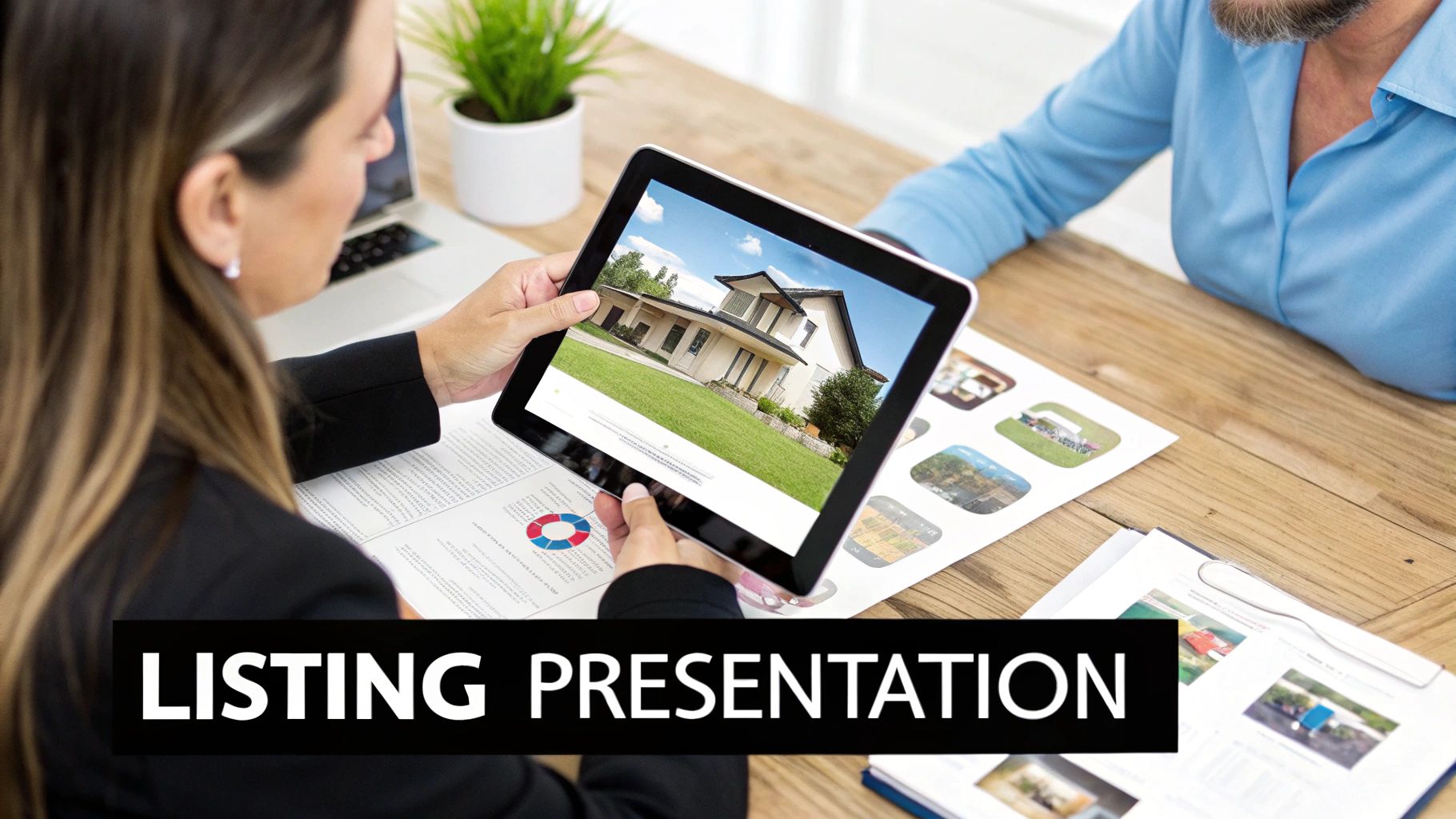 A real estate agent presents a modern house listing on a digital tablet to a client.