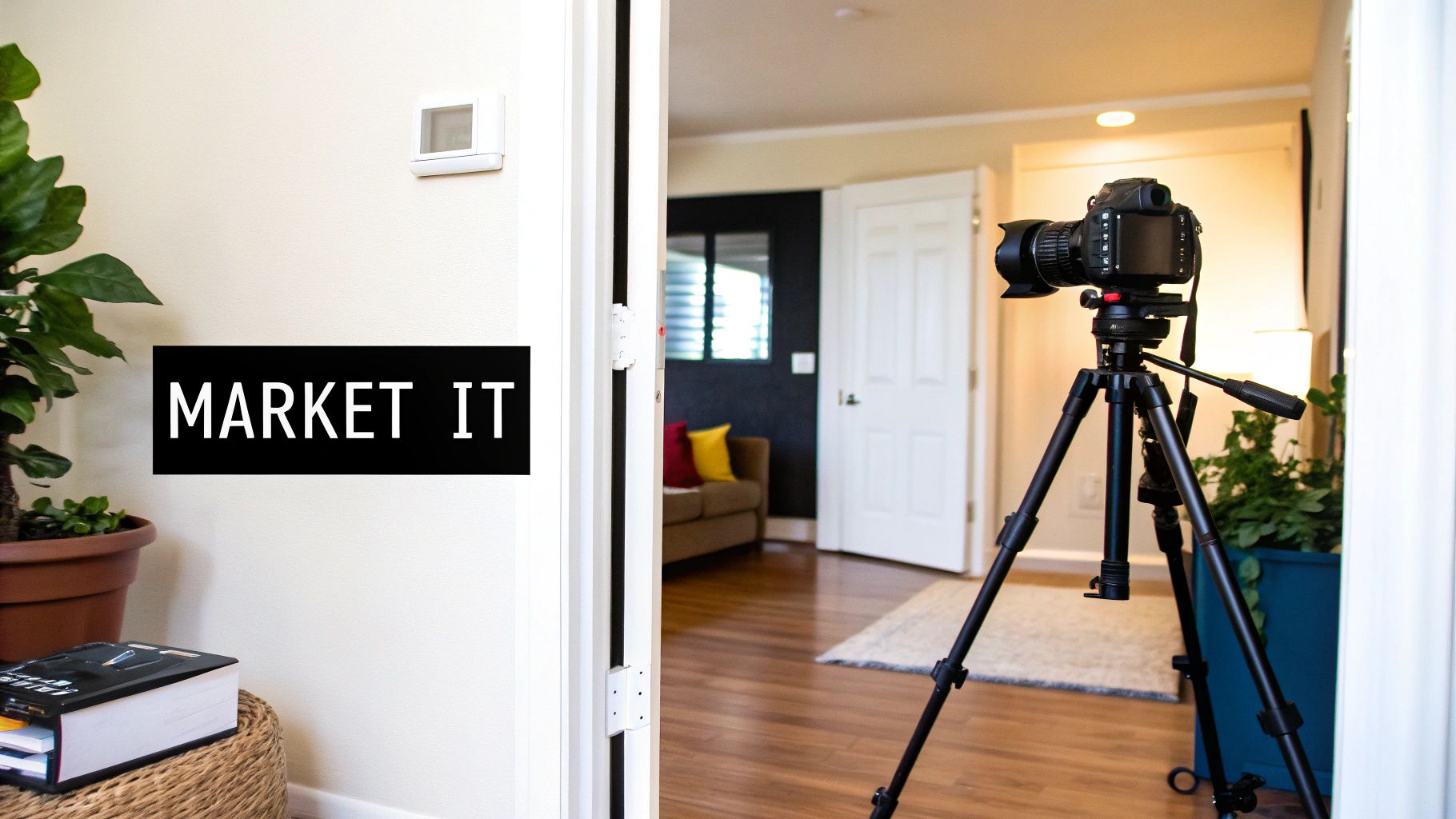 A professional camera on a tripod set up in a doorway, with a "MARKET IT" sign visible on the wall.