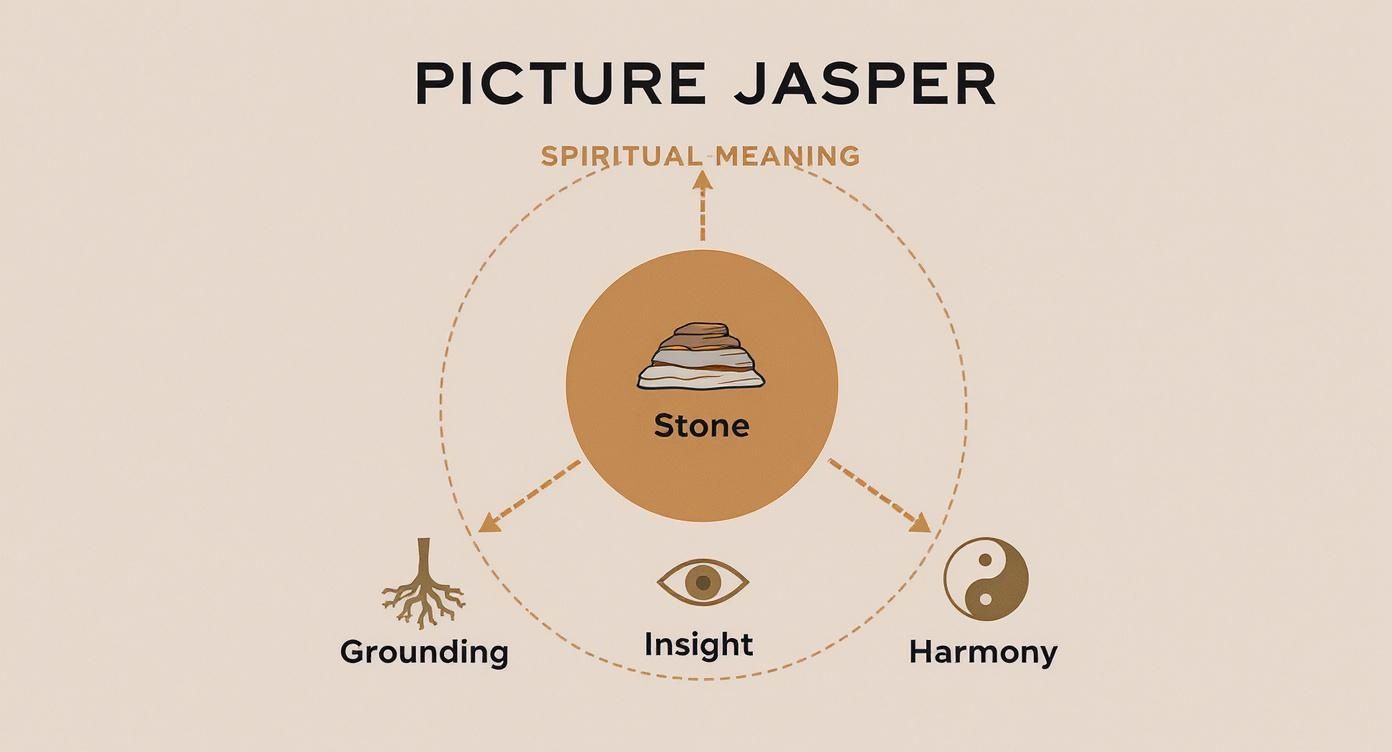 Diagram illustrating the spiritual meaning of Picture Jasper stone, showing connections to grounding, insight, and harmony.