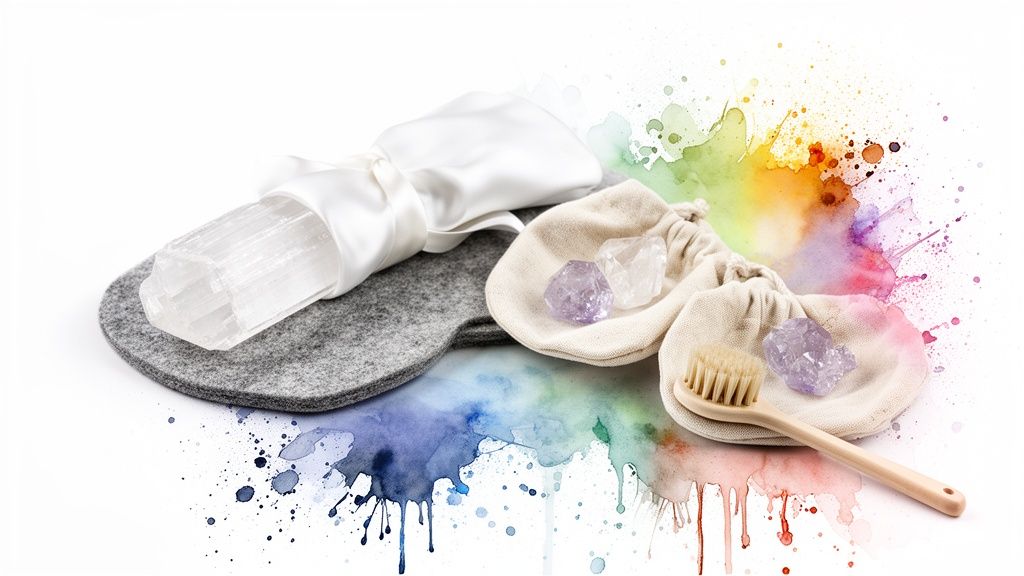 Holistic self-care set featuring selenite, amethyst crystals, eye mask, pouches, and brush on a watercolor background.