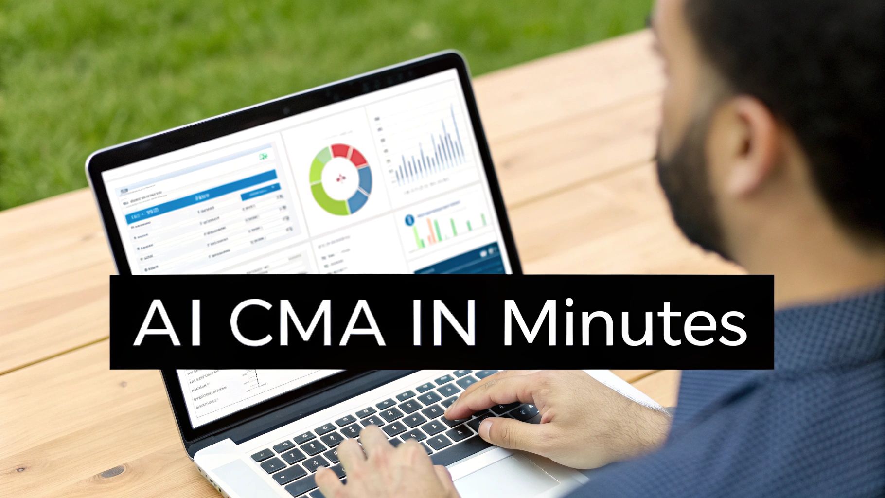 An AI-powered dashboard on a laptop showing a comparative market analysis report being generated.