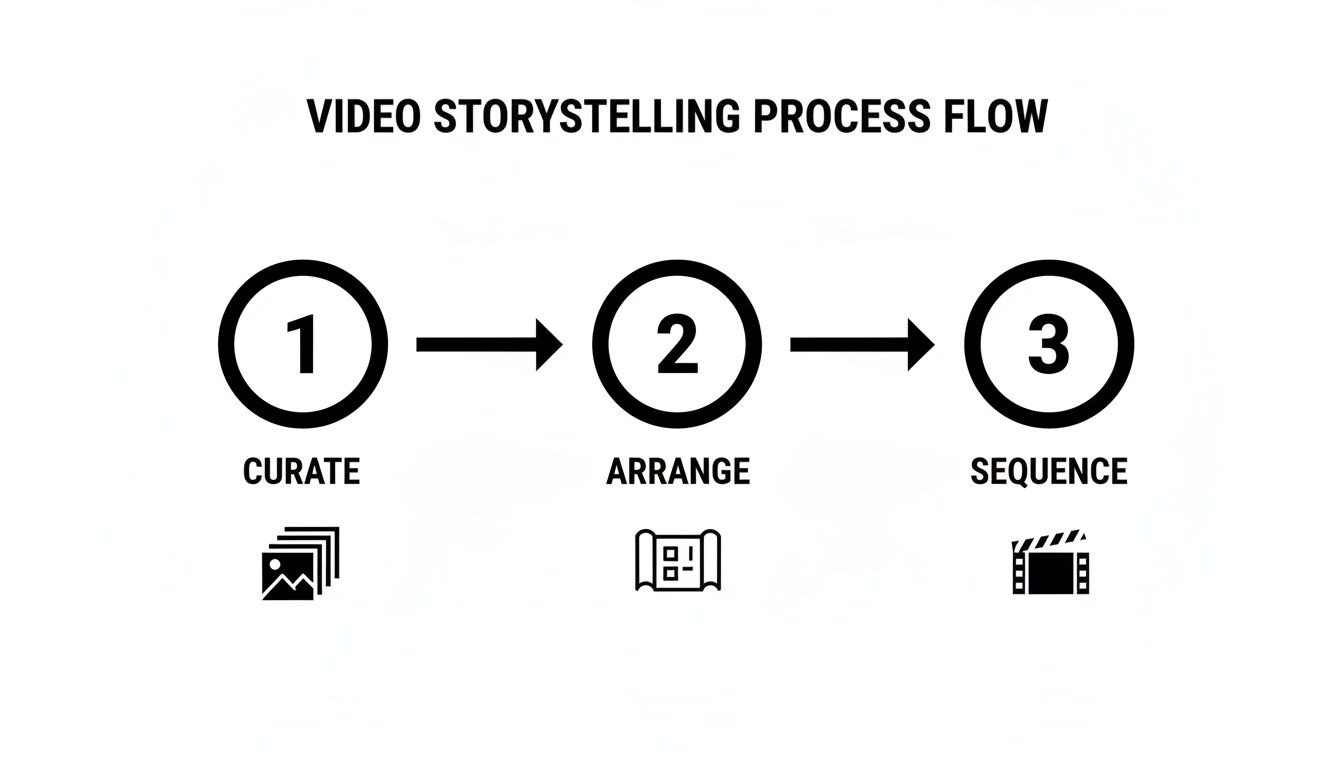 A flow chart illustrating the video storytelling process: Curate, Arrange, Sequence, with corresponding icons.