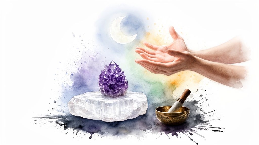 Amethyst and selenite crystals with a singing bowl, crescent moon, and open hands, against watercolor splashes.