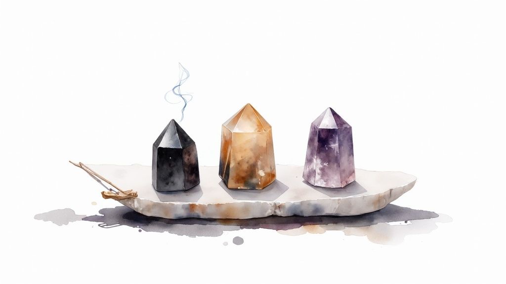 Three protective crystals on white tray with incense smoke and palo santo stick