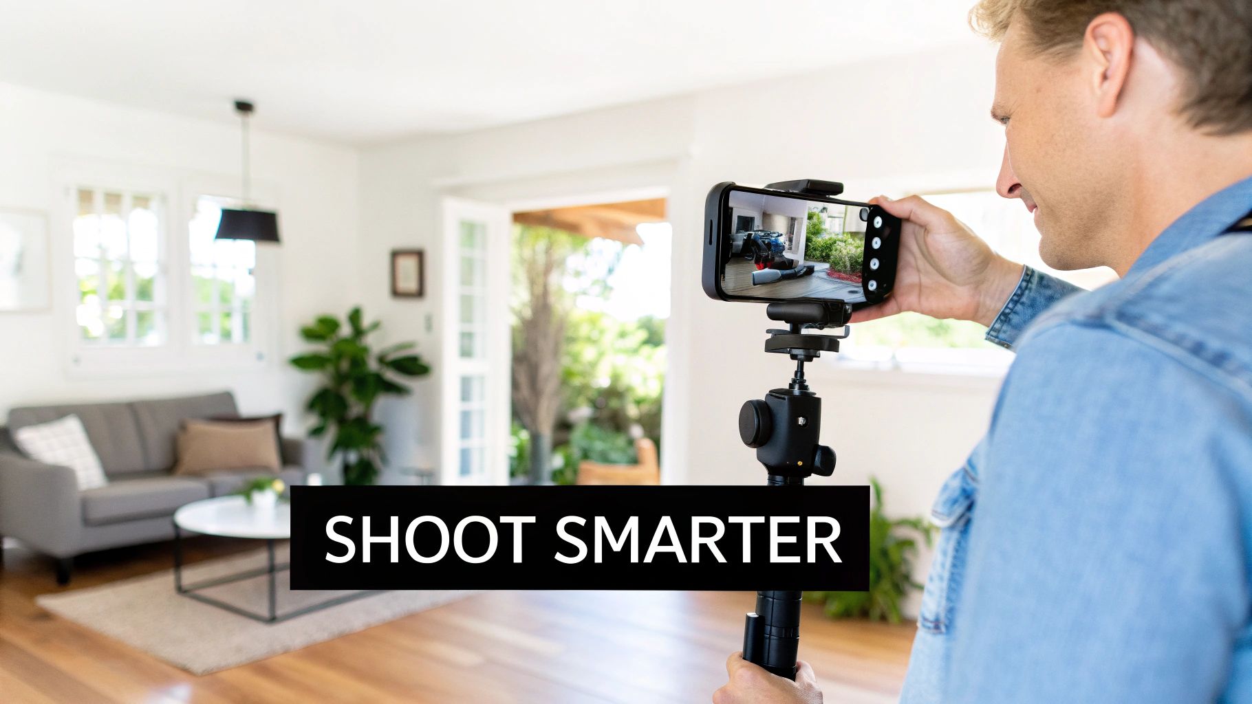 A man films an indoor room with a smartphone mounted on a tripod, capturing an outdoor view.