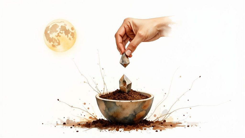 Several different types of crystals arranged neatly on a dark surface, with varied shapes and colors.