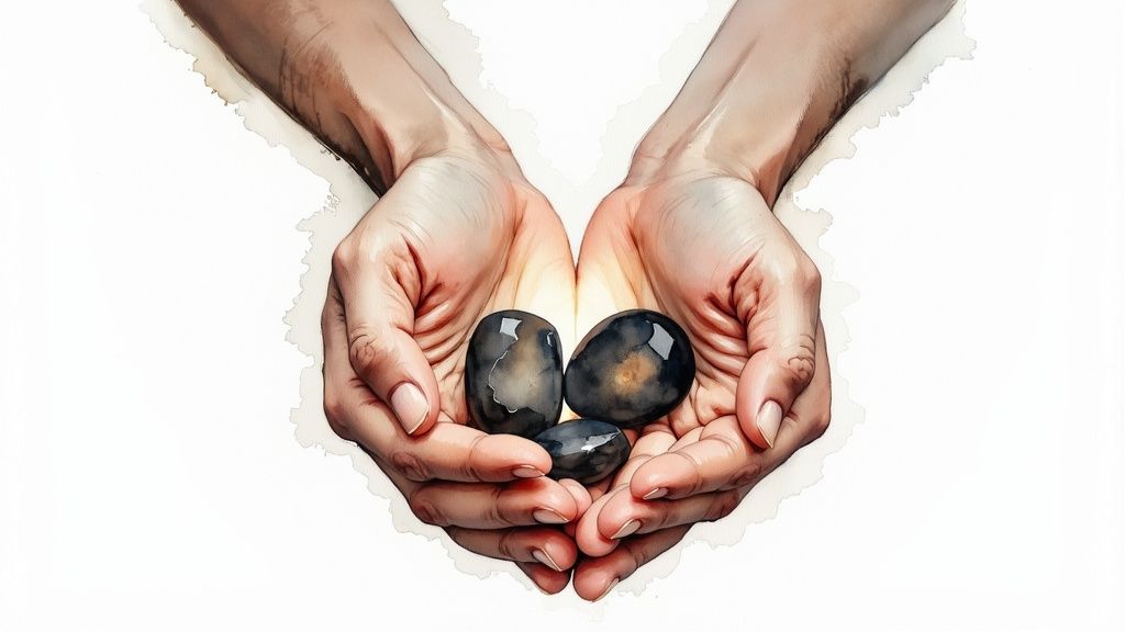 Hands gently cupping polished black crystals including obsidian and smoky quartz stones for protection