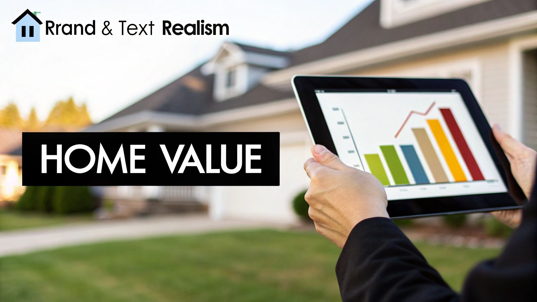 A person holds a tablet displaying a home value growth chart in front of a residential house.