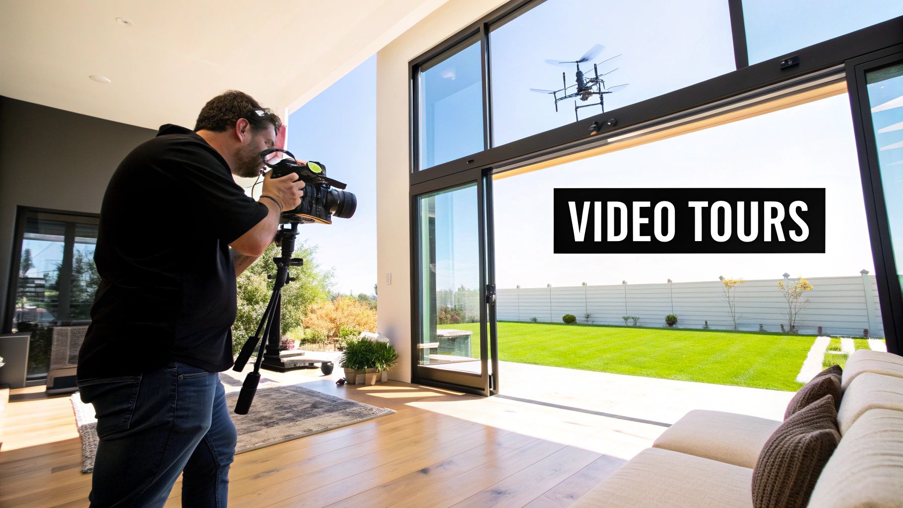 A videographer films inside a modern home with a drone flying outside, promoting video tours.