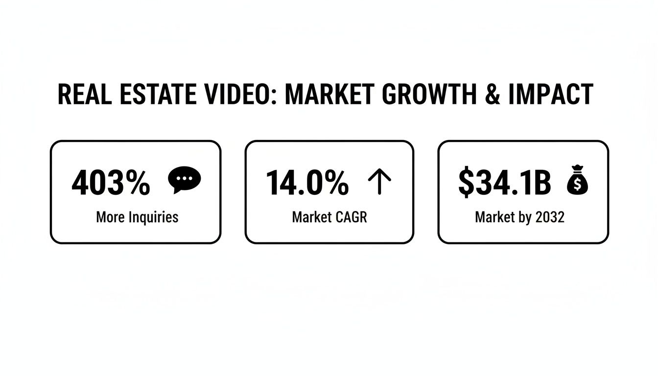 Statistics on real estate video market growth showing 403% more inquiries, 14.0% CAGR, and $34.1B market by 2032.