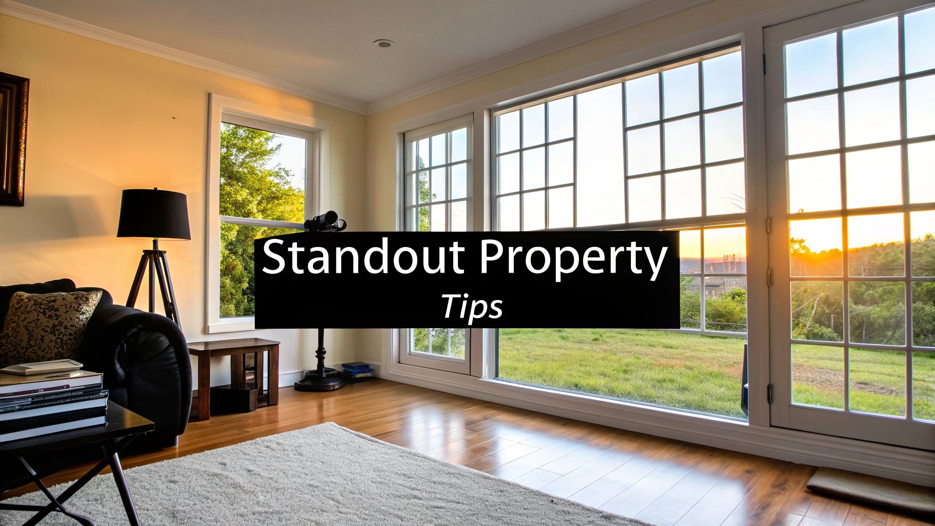 A bright, modern living room with large windows overlooking a green field at sunset, featuring a couch and lamp.