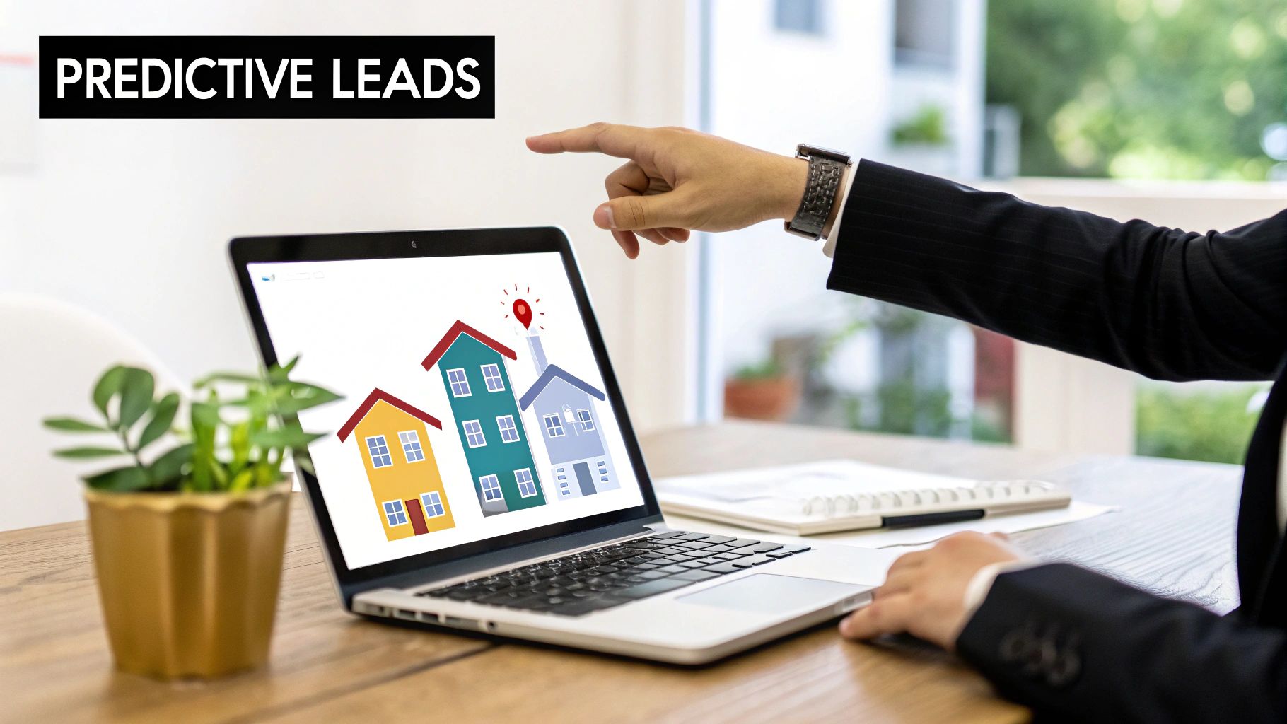 A professional points at a laptop displaying houses with a 'predictive leads' title, signifying targeted real estate.