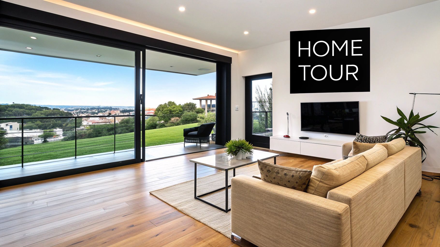 A bright, modern living room with a beige sofa, large glass doors, and a stunning view.
