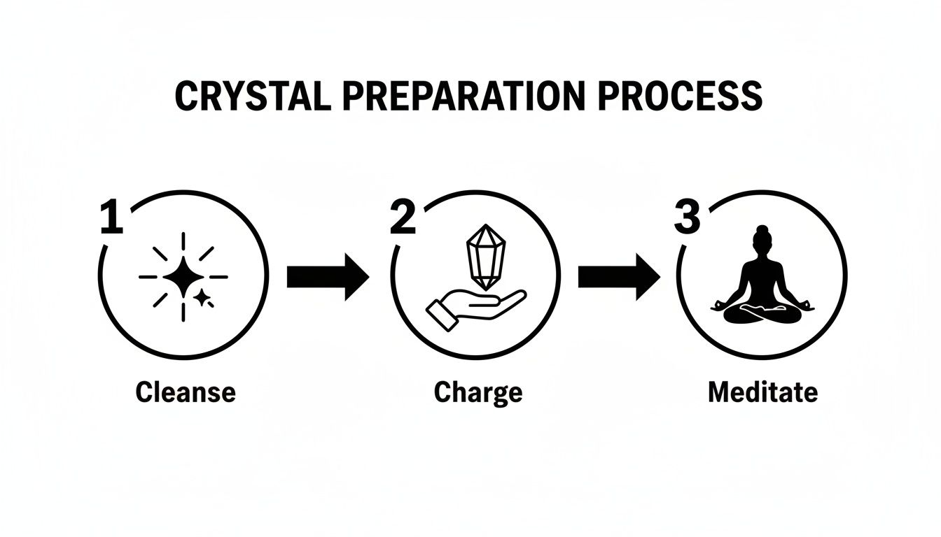 An infographic detailing the three-step crystal preparation process: cleanse, charge, and meditate.