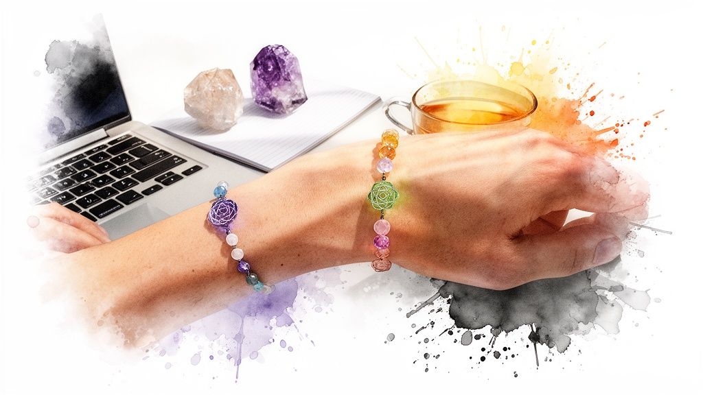 Person wearing colorful crystal chakra bracelets at a desk with a laptop, tea, and crystals.