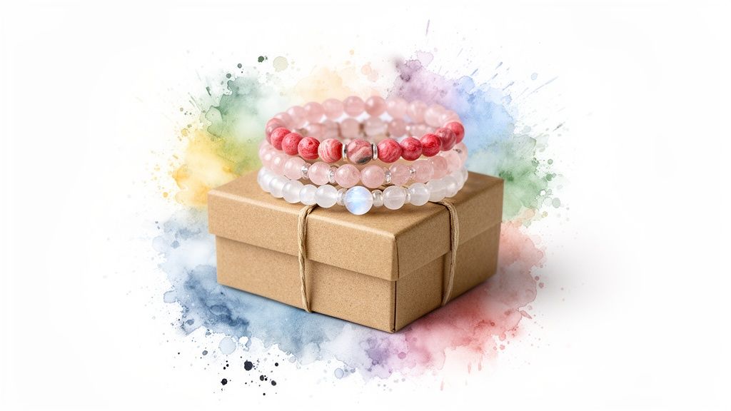 Three beautiful beaded bracelets in shades of pink, red, and white on a brown gift box.