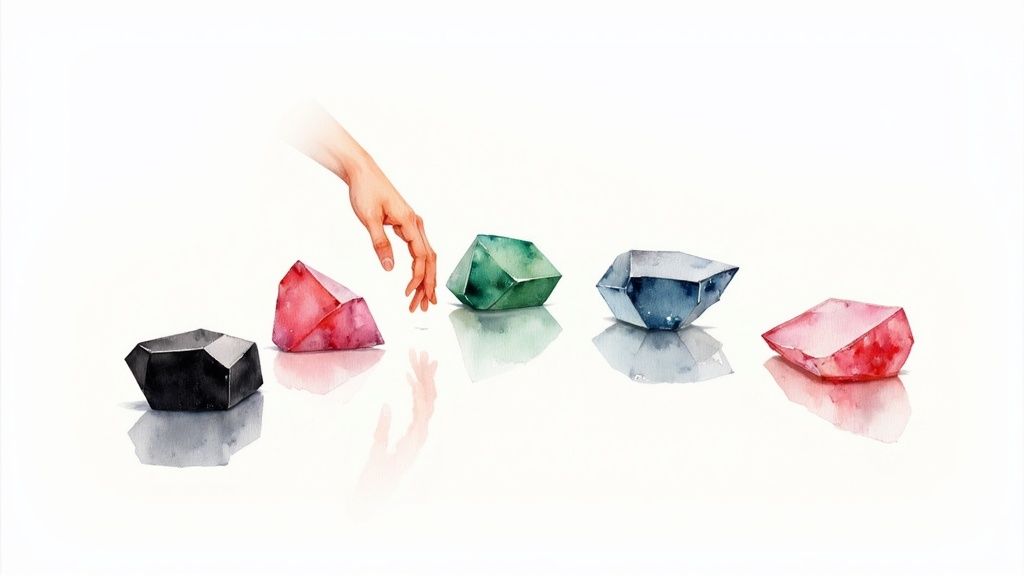 A hand reaches towards a row of watercolor gemstones in black, pink, green, and blue, reflected on a white surface.