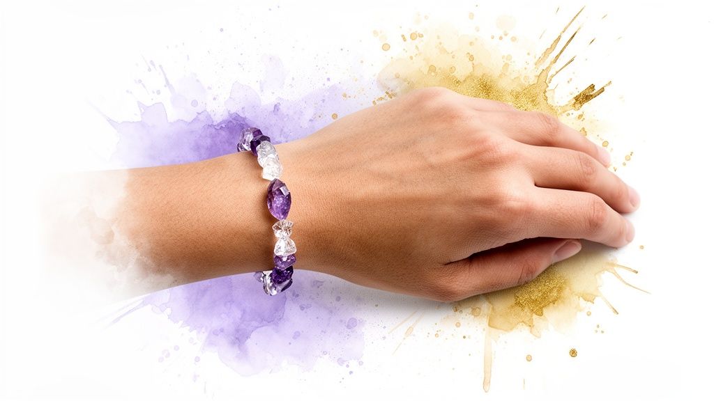 A person's arm wearing a beautiful purple and clear gemstone bracelet, with watercolor splashes.