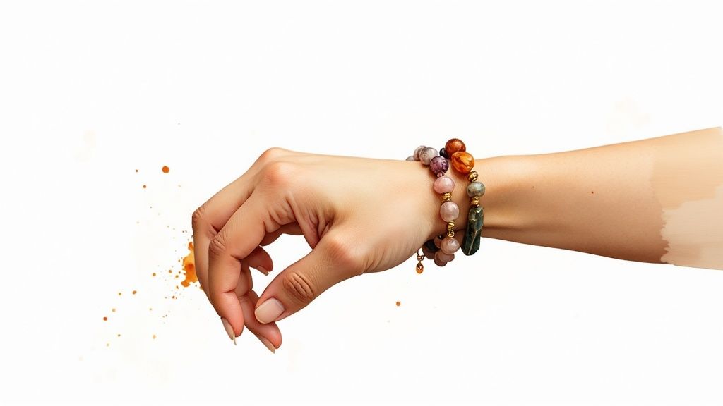 A person's arm with two beaded crystal bracelets and orange splatters on a white background.
