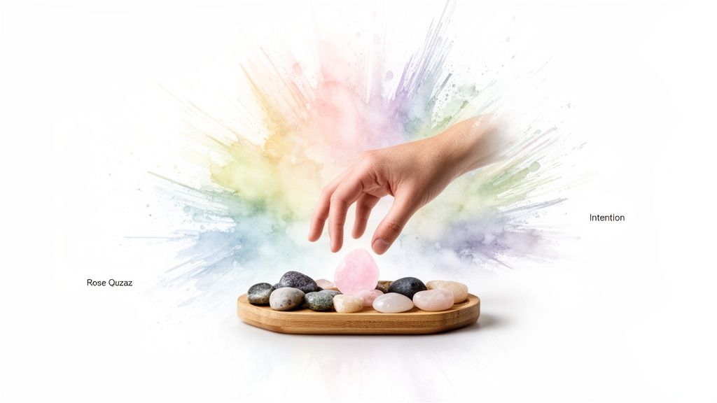 A hand reaching for a pink rose quartz crystal on a wooden tray surrounded by colorful watercolor splashes.