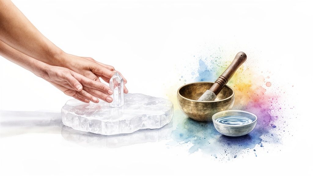 Hands placing clear quartz crystal on a selenite slab next to a singing bowl and water.