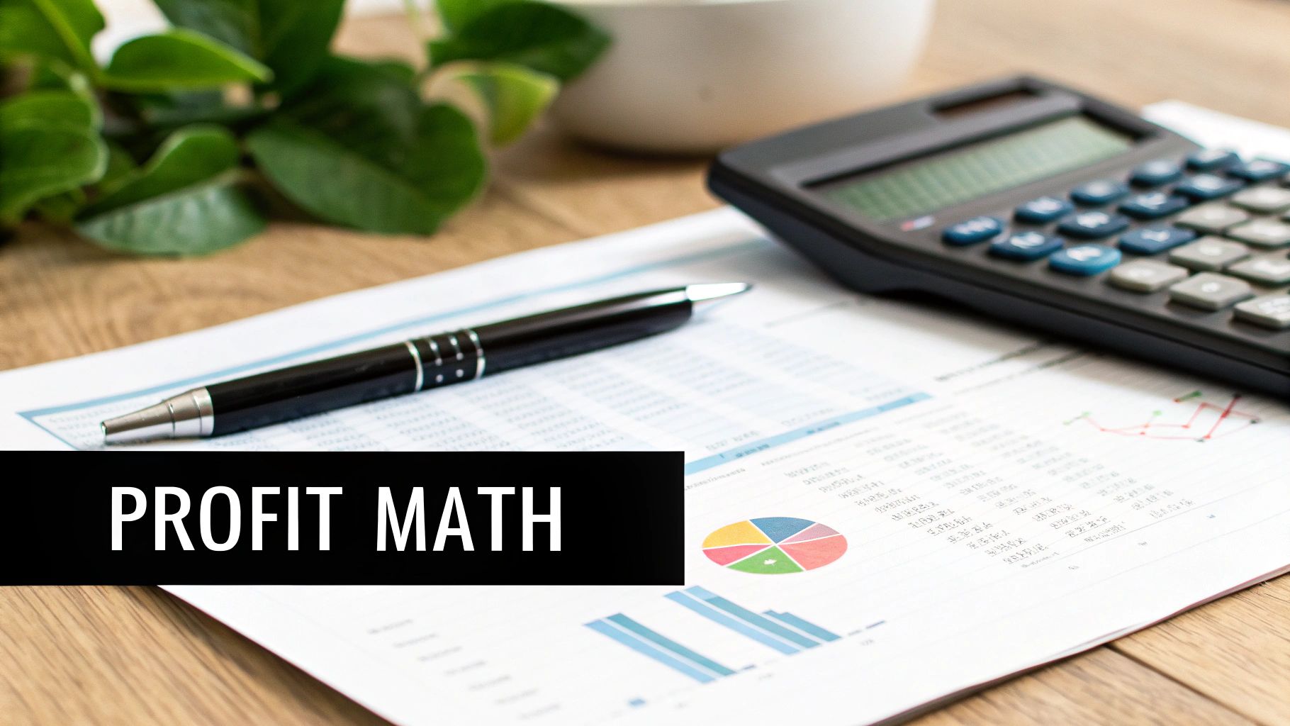 A pen and calculator rest on financial documents with charts, illustrating profit math on a wooden table.
