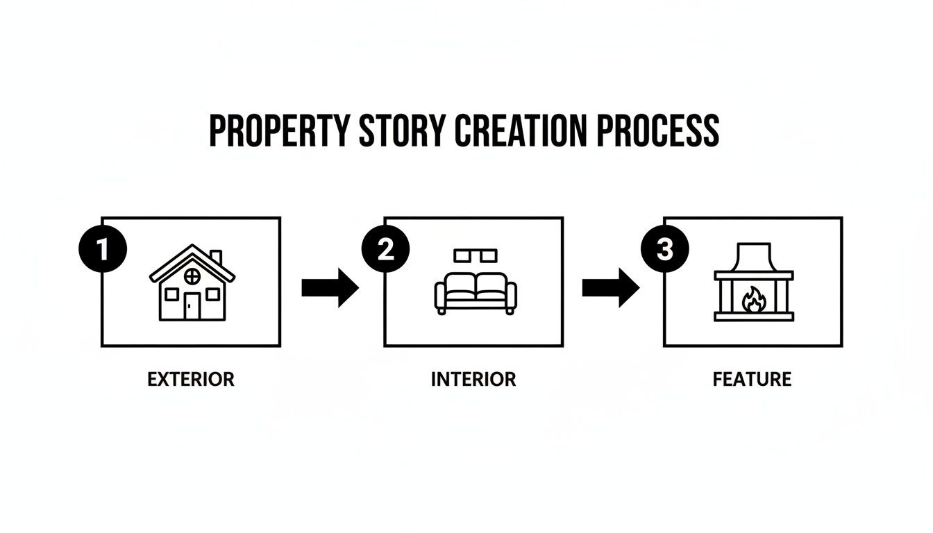 Infographic illustrating the three-step property story creation process: exterior, interior, and feature details.