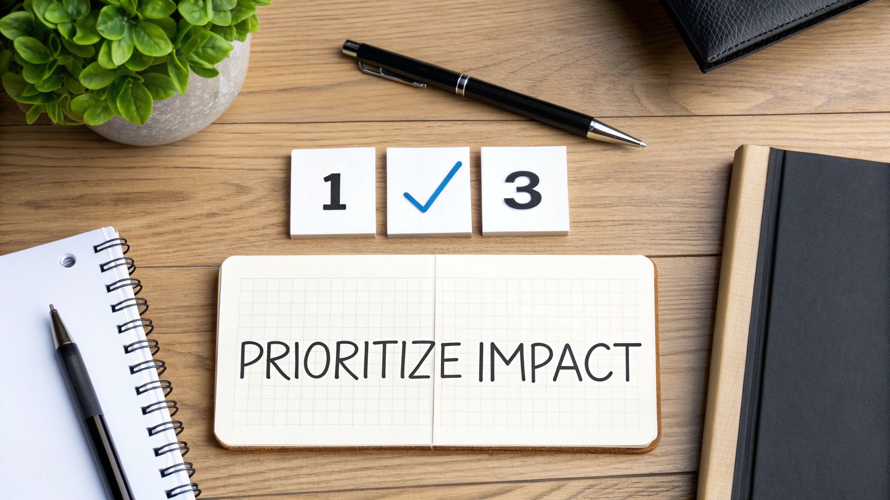 Overhead view of a workspace with 'Prioritize Impact' written in a notebook and a priority list.