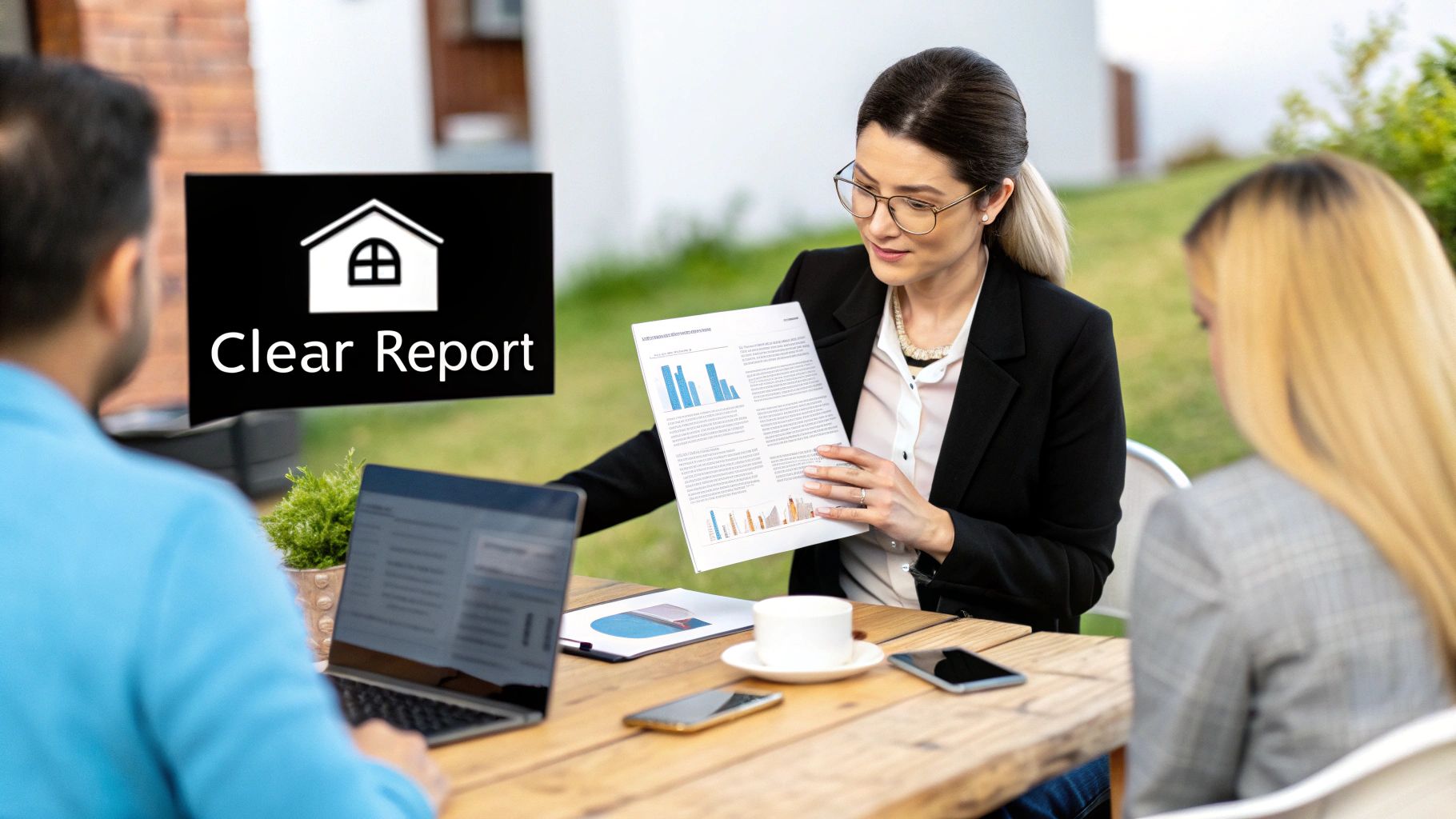 A real estate agent presenting a market analysis report to a client in a modern home setting.
