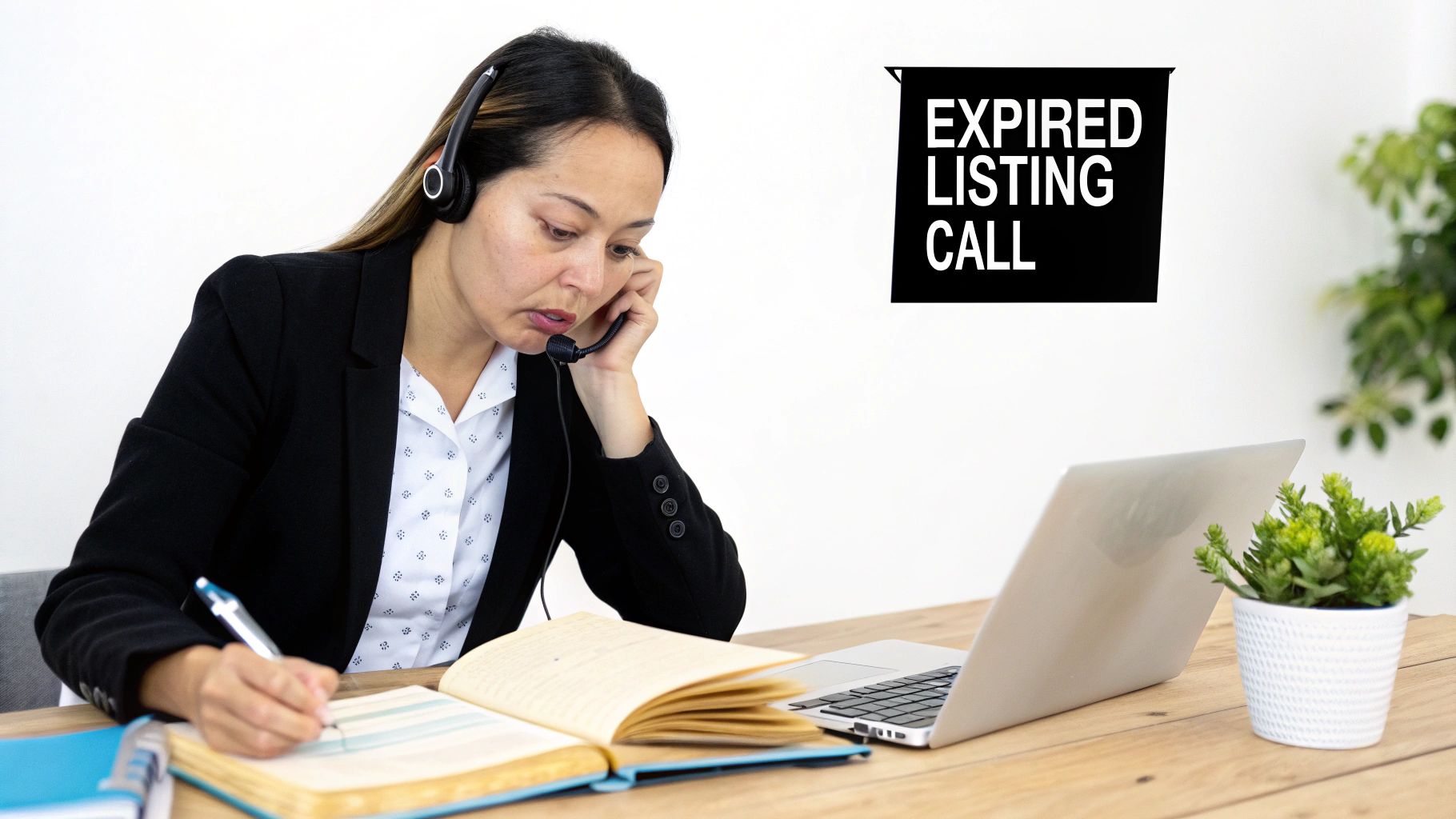 Focused woman in a headset making an 'Expired Listing Call', writing notes at a desk.