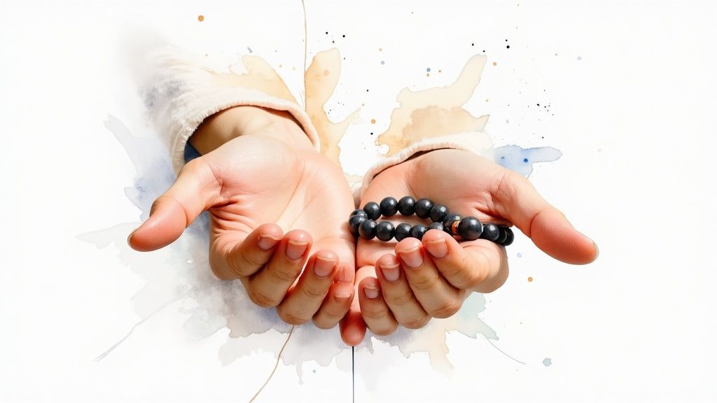 Two cupped hands gently hold a black mala bracelet, with watercolor splashes in the background.
