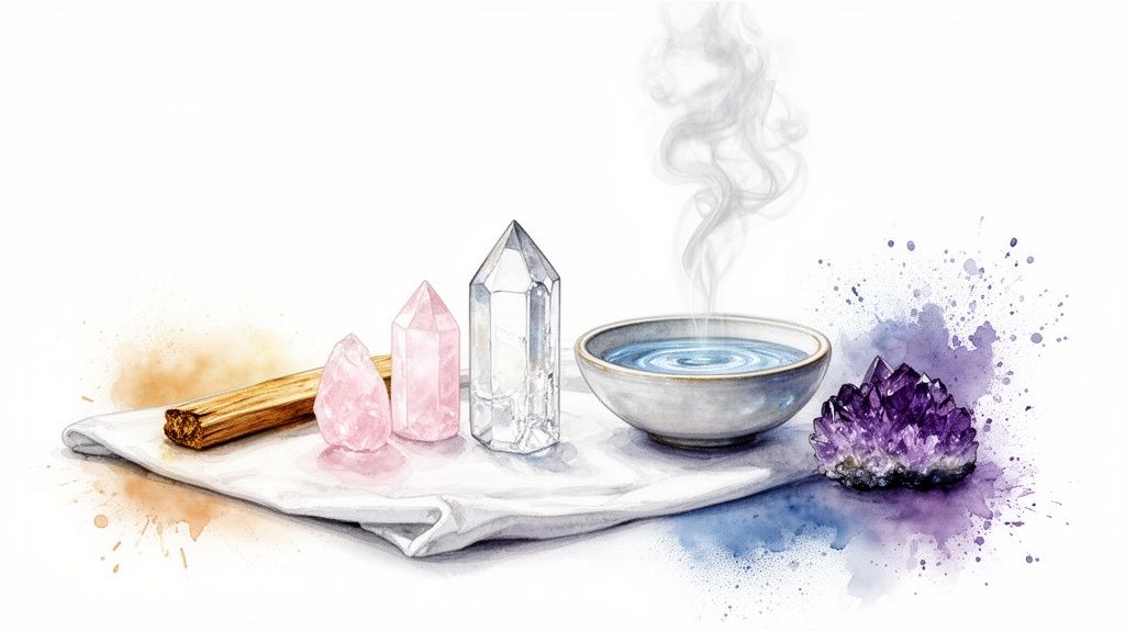 A watercolor illustration featuring palo santo, rose quartz, clear quartz, amethyst, and a steaming bowl of water.