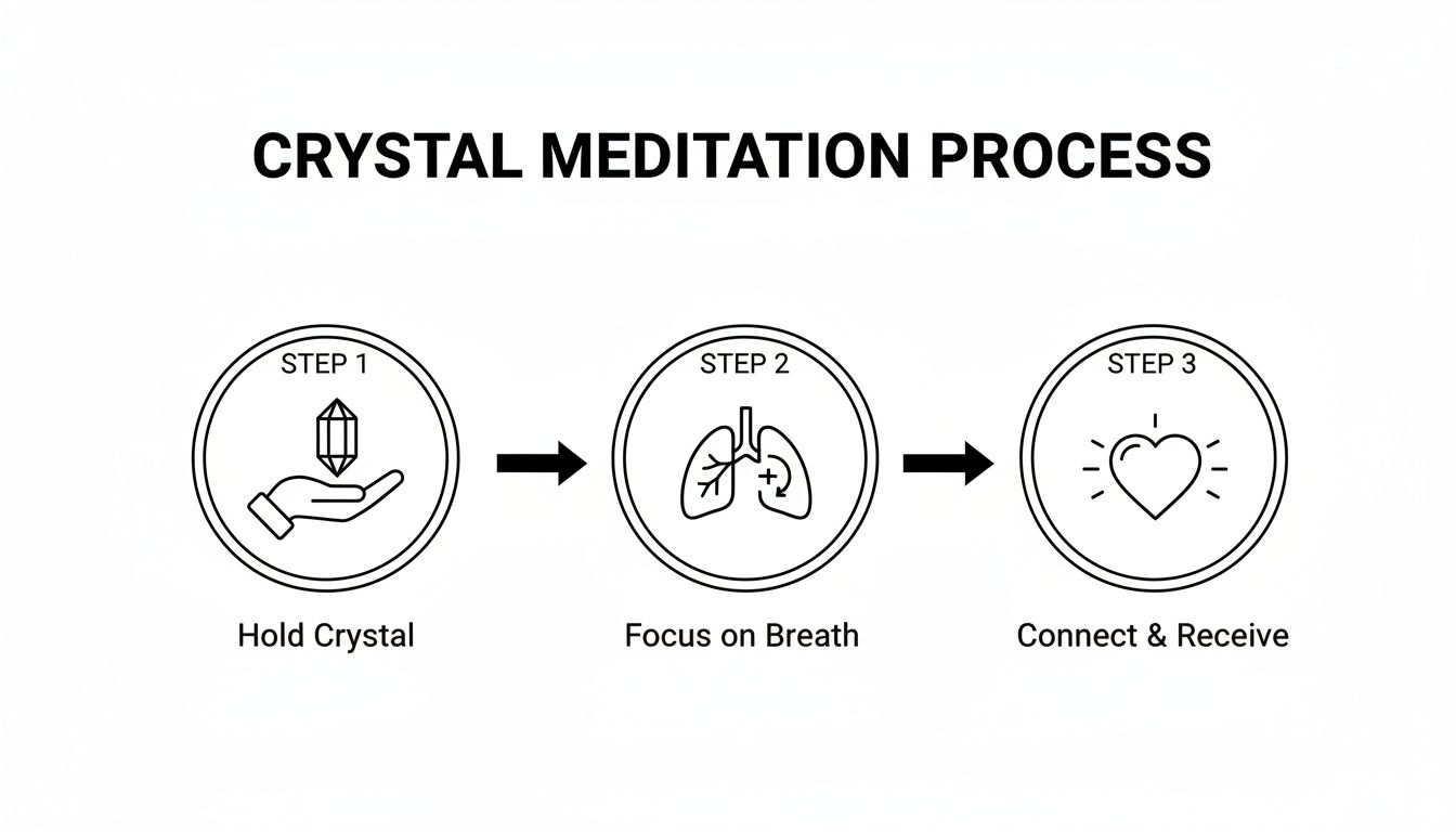 Infographic detailing a three-step crystal meditation process: hold crystal, focus on breath, then connect and receive.