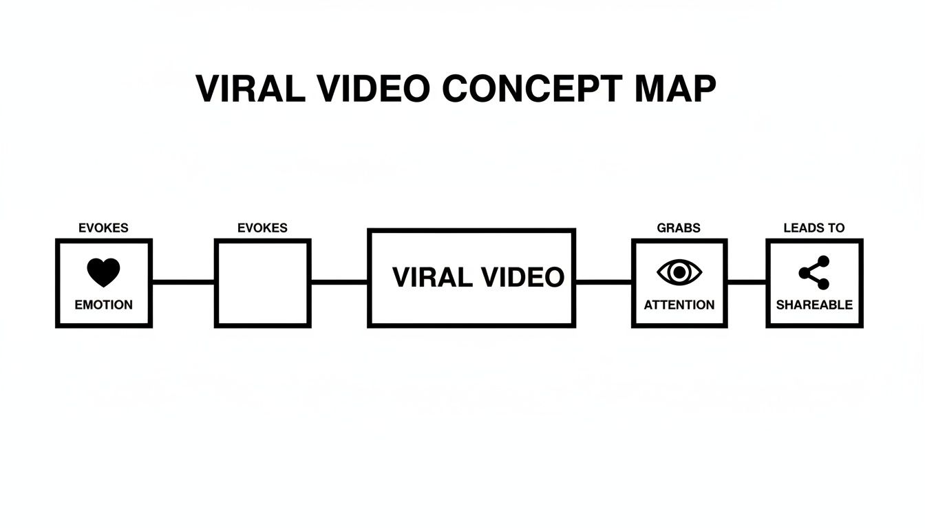 A concept map illustrating the elements contributing to a viral video, focusing on emotion, attention, and shareability.